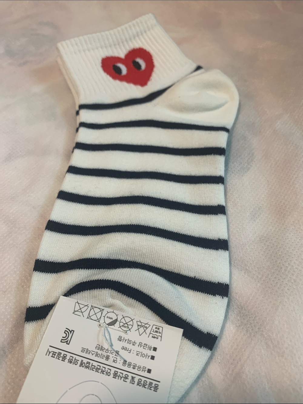 Women White Ankle Socks with Black Stripes and Red Heart